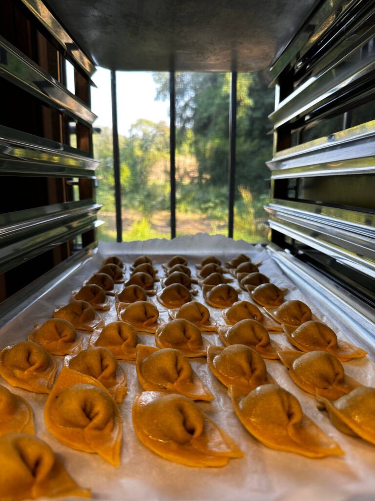 Tortellini fatti a mano disposti su una teglia da forno.